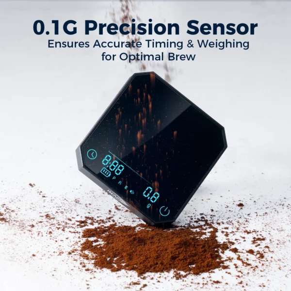 Mini balance à café précise 0,1 g avec minuterie intégrée, compacte et rechargeable, idéale pour espresso et méthodes filtre.