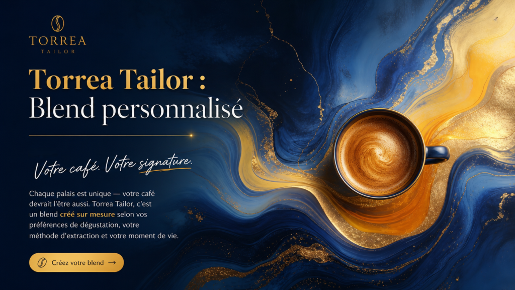 Visuel premium de Torrea Tailor : tasse d'espresso avec ondes de matière liquide bleu et or, texte "Blend personnalisé" et slogan "Votre café. Votre signature."