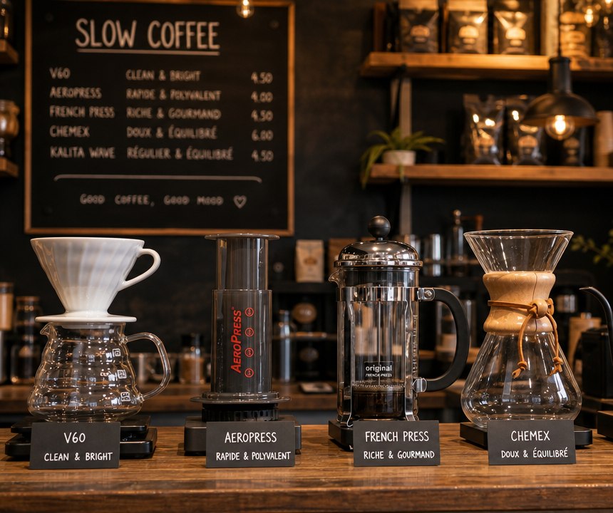 Infographie comparative des quatre méthodes d'extraction slow coffee : Aeropress, French press, Chemex et V60