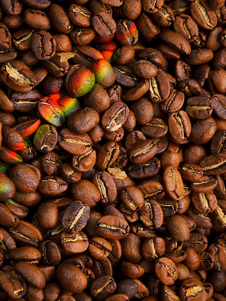 Gros plan de grains de café torréfiés artisanaux, avec quelques grains aux reflets irisés multicolores, symbolisant la richesse aromatique et la diversité des saveurs du café.